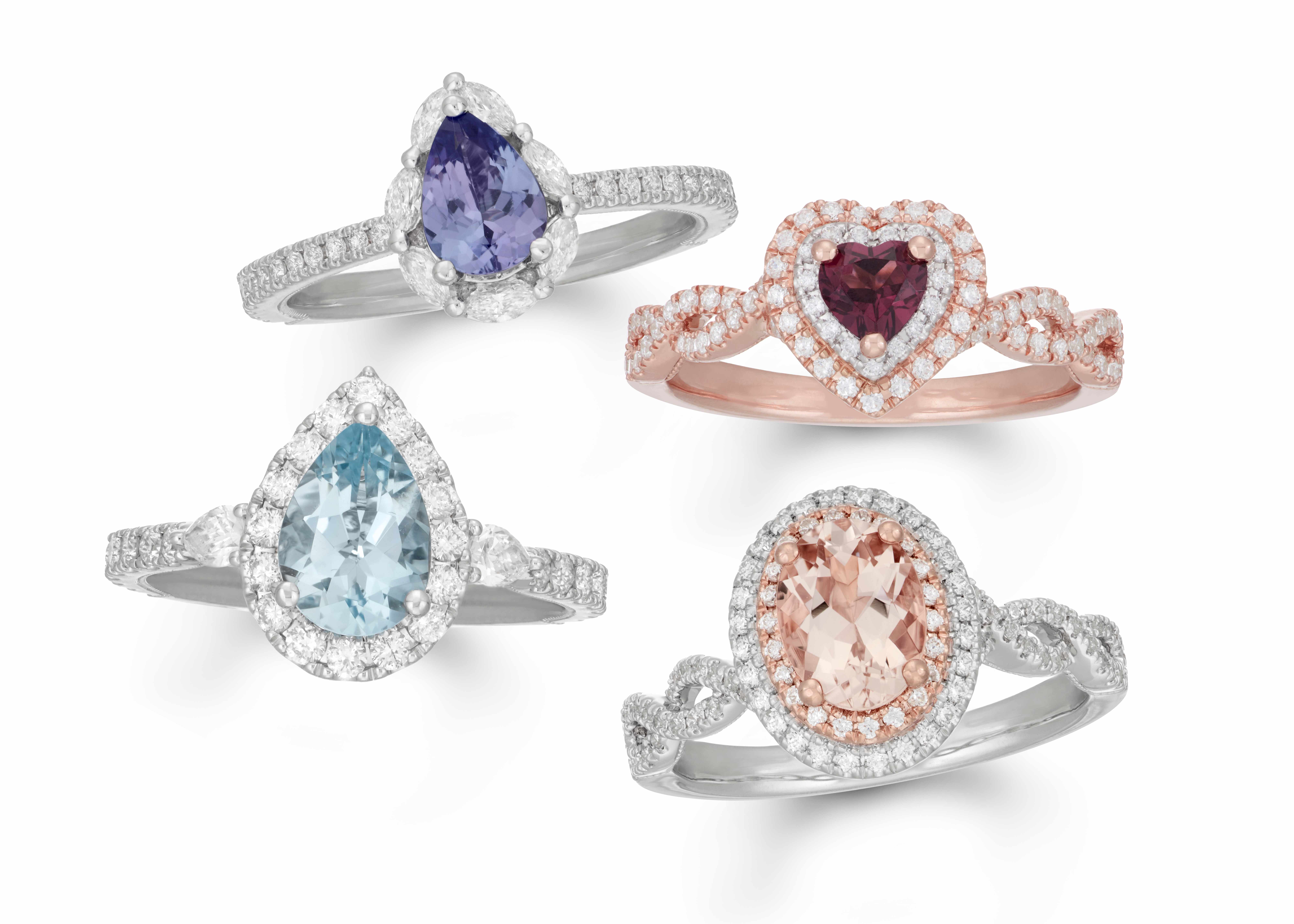 Colorstone bridal engagement rings featuring sapphires, aquamarine, and morganite in various cuts with diamond halos