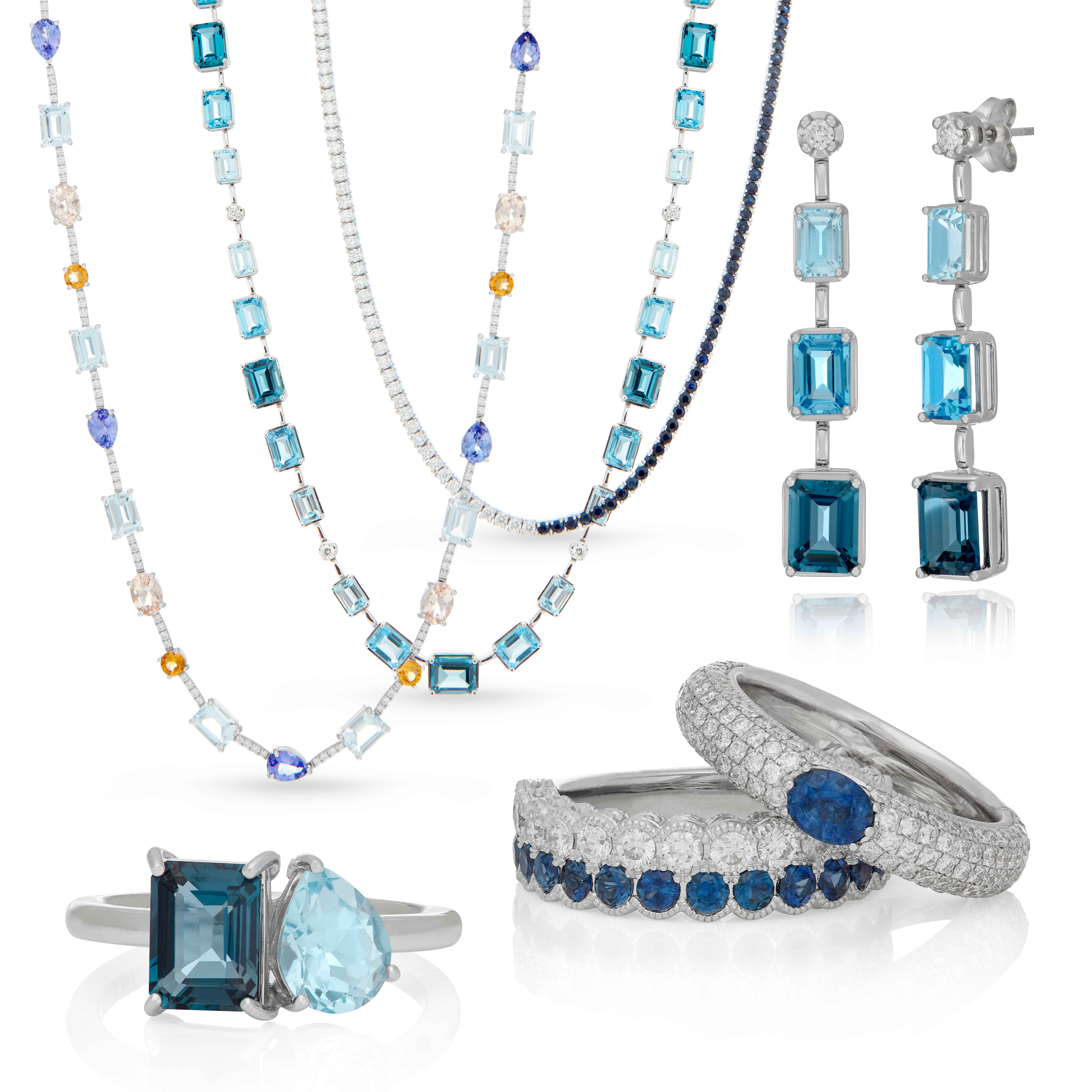 Colorful gemstone fashion jewelry with blue topaz, citrine, and sapphires