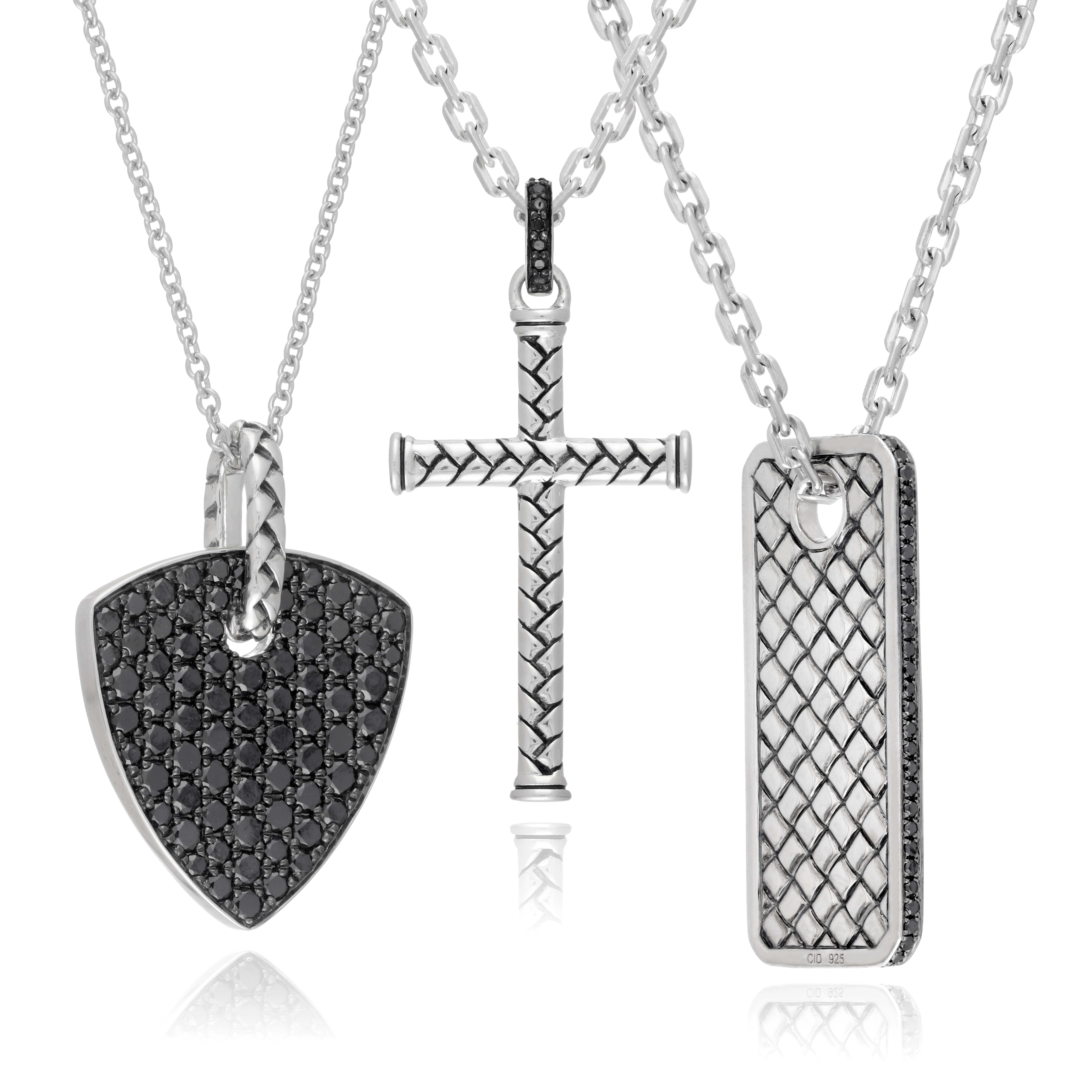 Men's fashion jewelry collection with black diamond pendants and chains