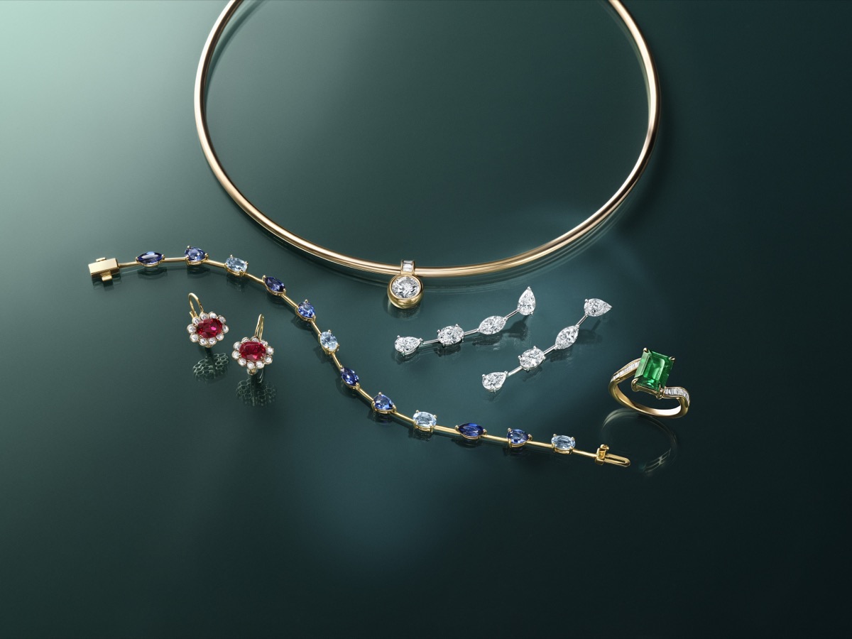 Group shot of the Elizabeth Taylor Collection: bangle, bracelet, earrings, pendant, and ring