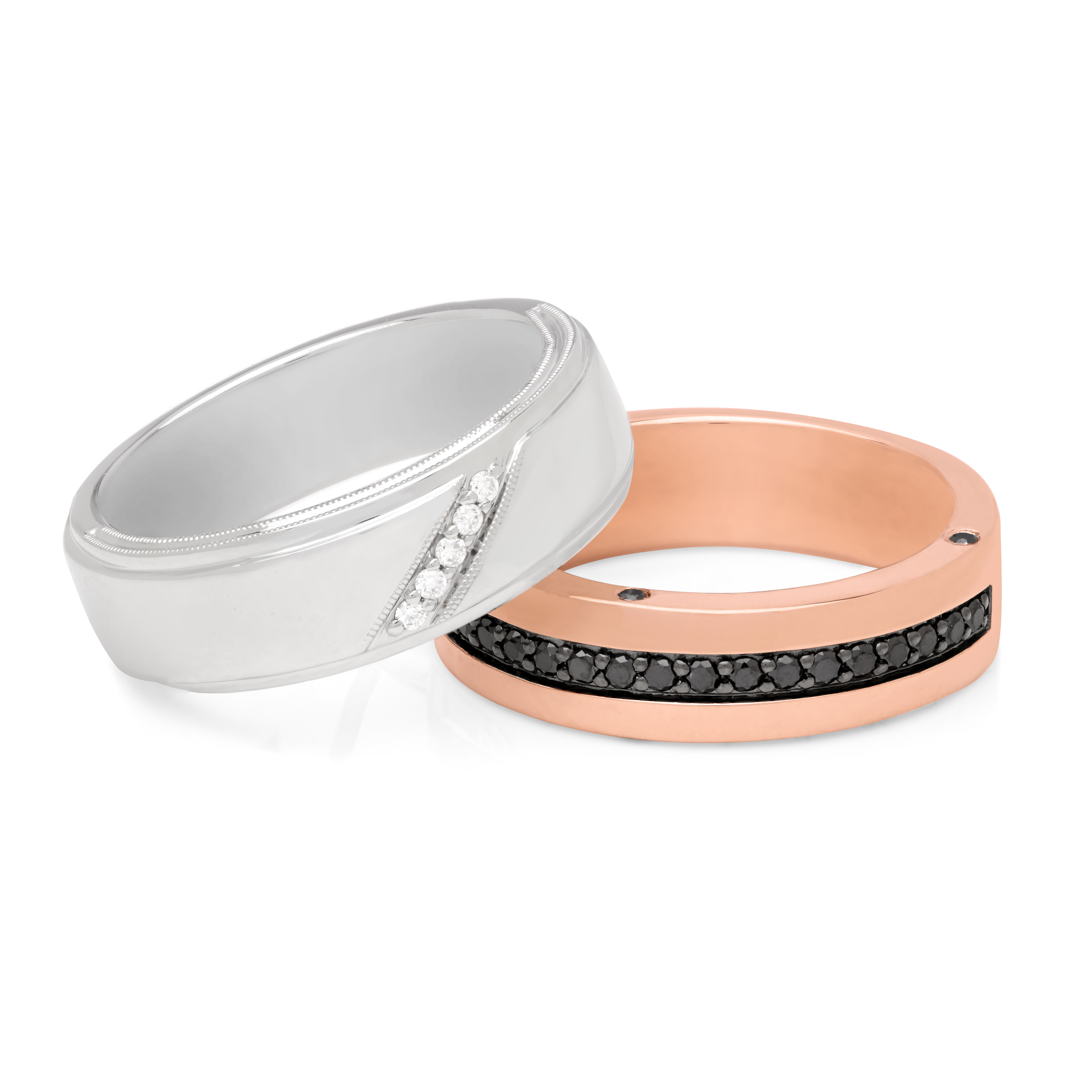 Men's bridal wedding bands featuring white gold band with diagonal diamond setting and rose gold band with black diamond channel